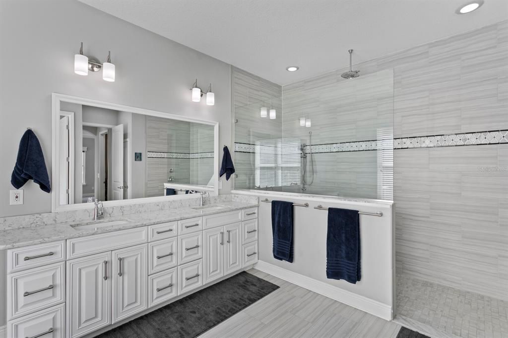 Bathroom, Dual Sink Vanities, Glass Shower, Interior, Recessed Lighting