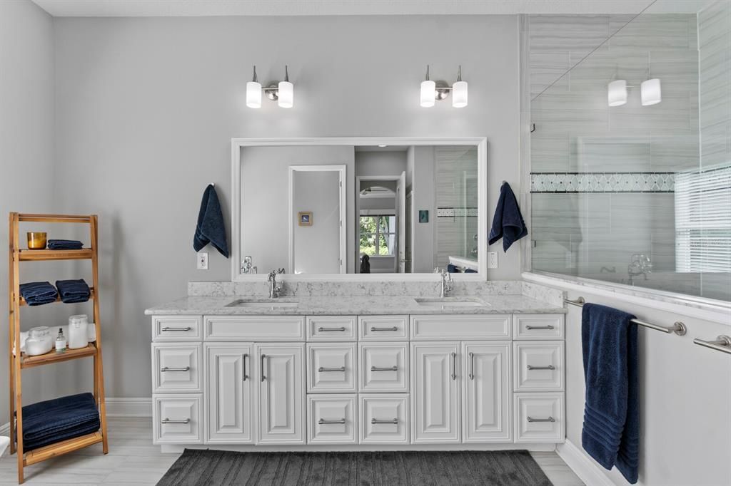 Bathroom, Dual Sink Vanities, Glass Shower, Interior, Wood Texture Flooring
