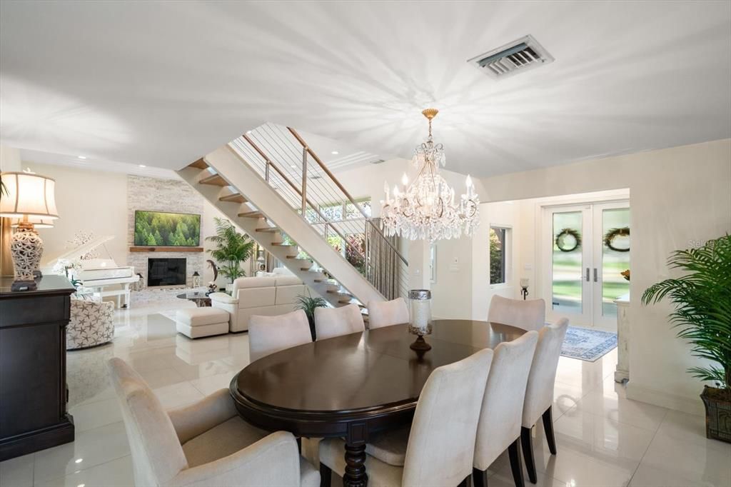 Chandelier, Dining room, Fireplace, Interior, Living room, Recessed Lighting