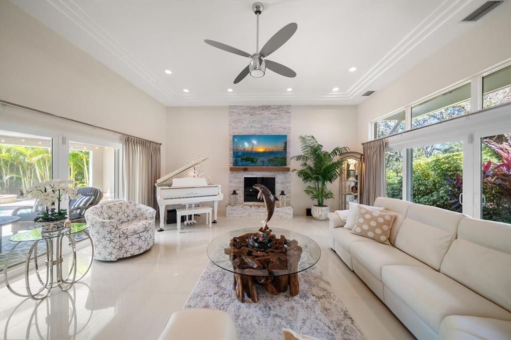 Fireplace, Interior, Living room, Piano, Recessed Lighting, Stone Walls