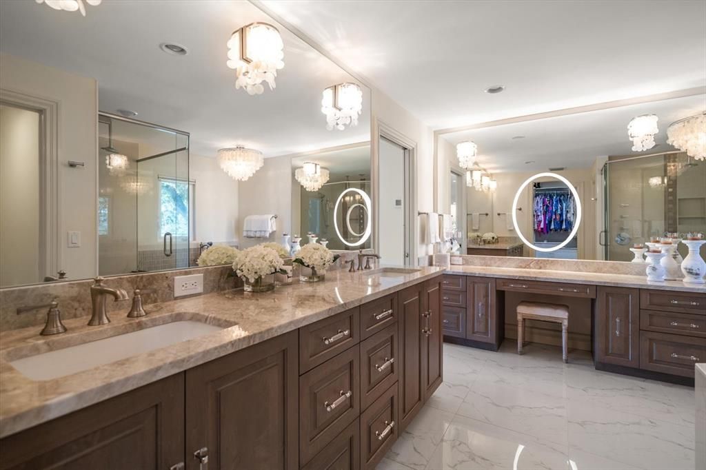 Bathroom, Chandelier, Dual Sink Vanities, Glass Shower, Interior, Marble, Recessed Lighting