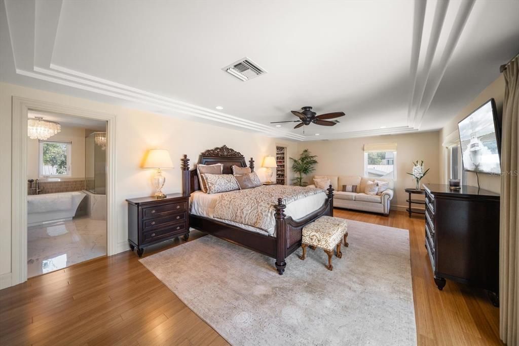 Bedroom, Chandelier, Interior, Recessed Lighting, Wood Texture Flooring