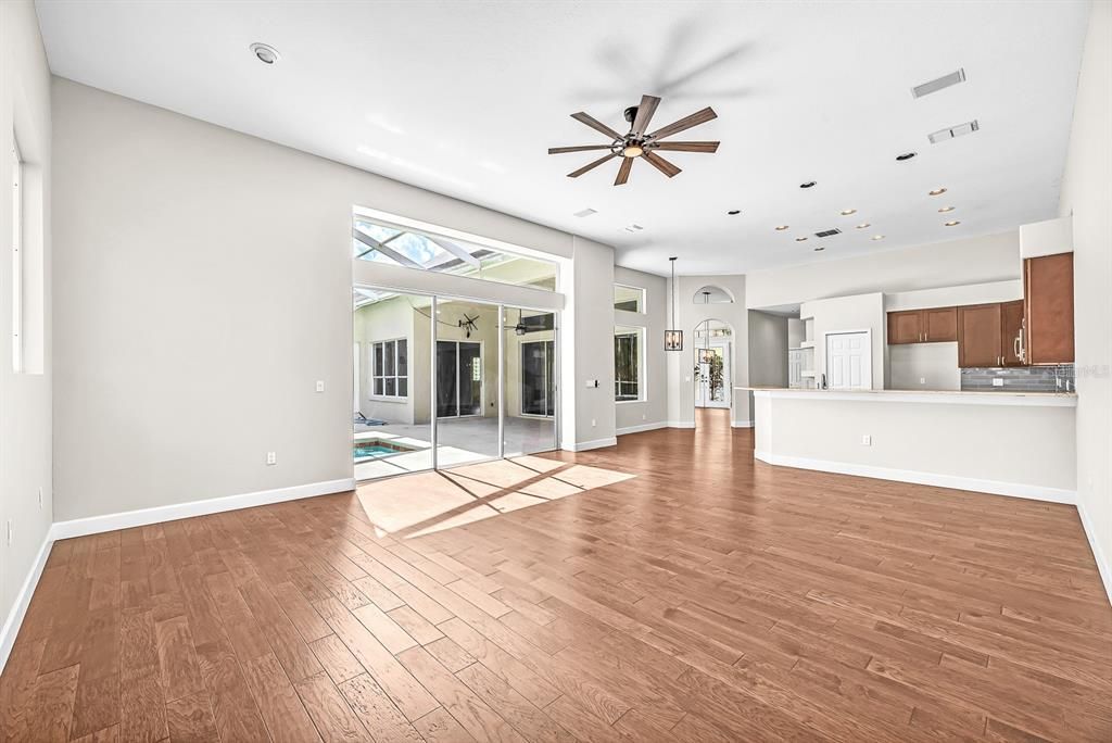 Empty room, Interior, Kitchen, Recessed Lighting, Wood Texture Flooring