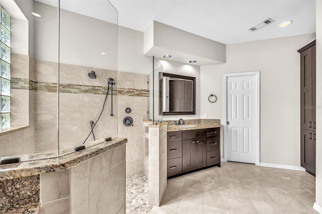 Bathroom, Glass Shower, Interior, Marble, Recessed Lighting