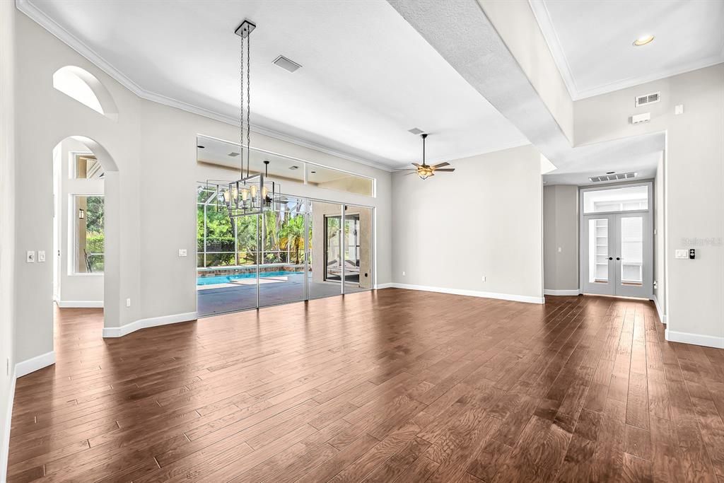 Empty room, Interior, Pendant Lights, Recessed Lighting, Wood Texture Flooring
