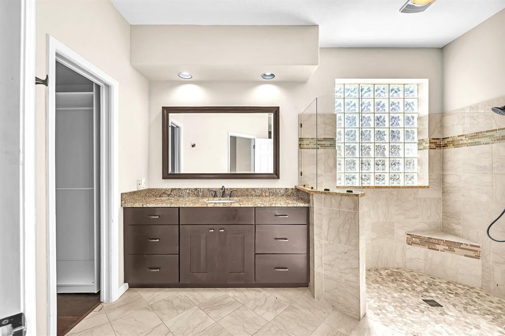 Bathroom, Glass Shower, Interior, Marble, Marble Walls, Recessed Lighting