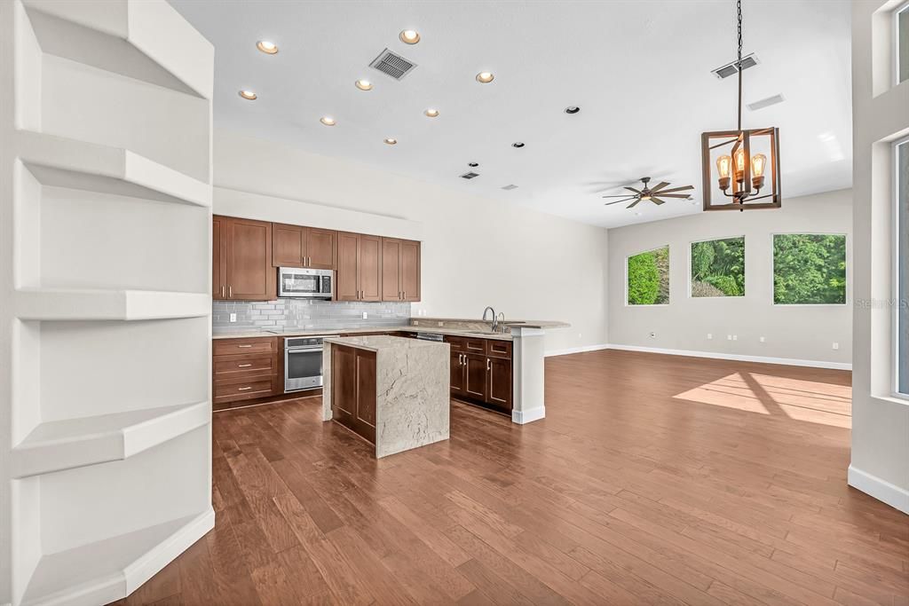 Interior, Kitchen, Pendant Lights, Recessed Lighting, Wood Texture Flooring