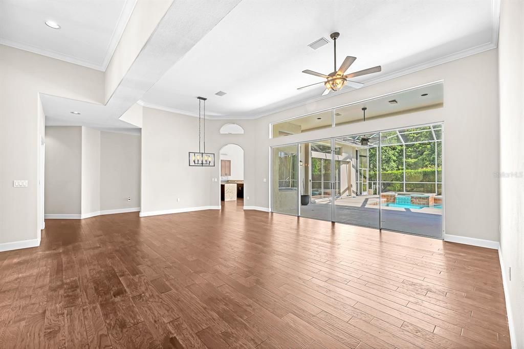 Empty room, Interior, Pendant Lights, Recessed Lighting, Wood Texture Flooring