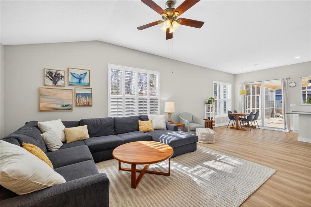 Dining room, Interior, Living room, Recessed Lighting, Wood Texture Flooring