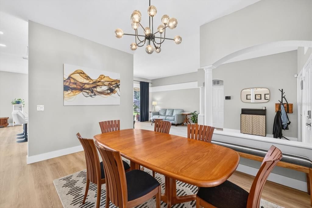 Dining room, Interior, Pendant Lights, Recessed Lighting, Wood Texture Flooring