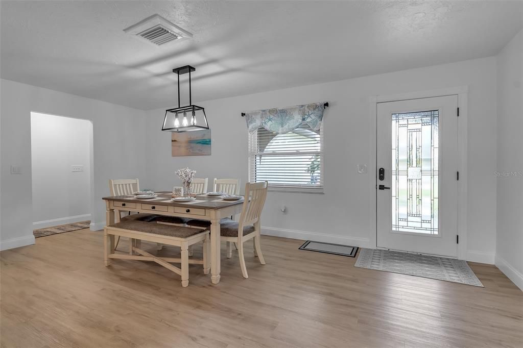 Dining room, Interior, Pendant Lights, Wood Texture Flooring