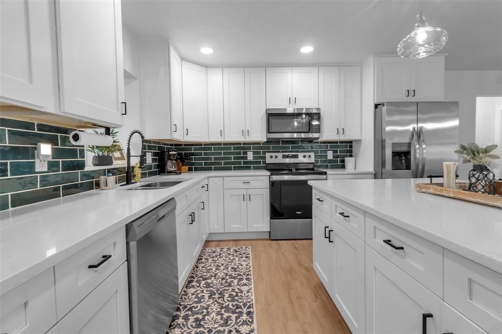 Interior, Kitchen, Pendant Lights, Recessed Lighting, Stainless Steel Appliances, Wood Texture Flooring