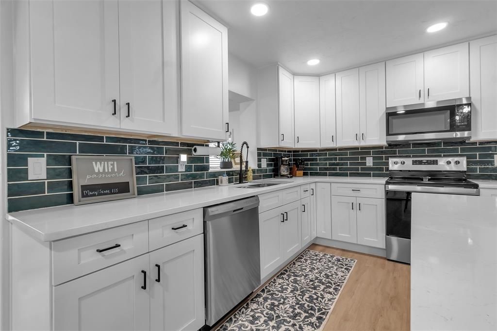 Interior, Kitchen, Recessed Lighting, Stainless Steel Appliances, Wood Texture Flooring