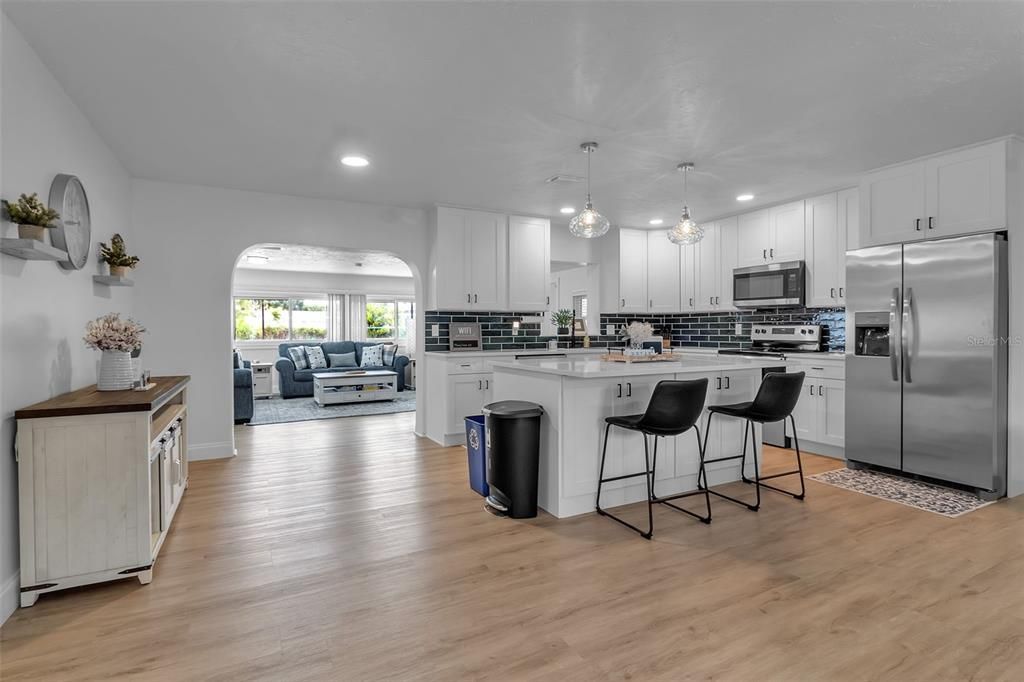 Interior, Kitchen, Living room, Pendant Lights, Recessed Lighting, Stainless Steel Appliances, Wood Texture Flooring