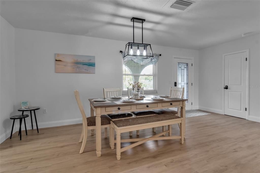 Dining room, Interior, Pendant Lights, Wood Texture Flooring