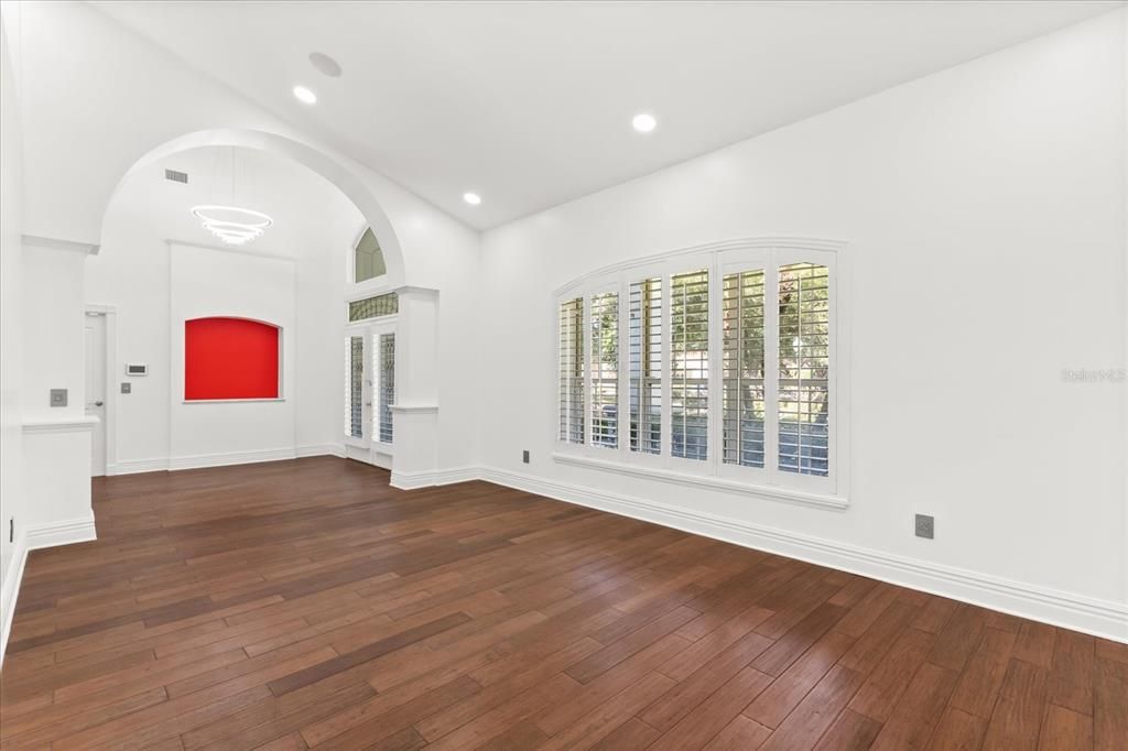 Empty room, Interior, Pendant Lights, Recessed Lighting, Wood Texture Flooring