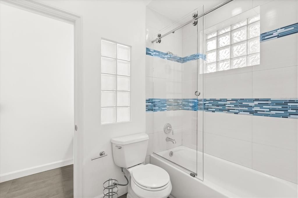 Bathroom, Glass Shower, Interior, Wood Texture Flooring