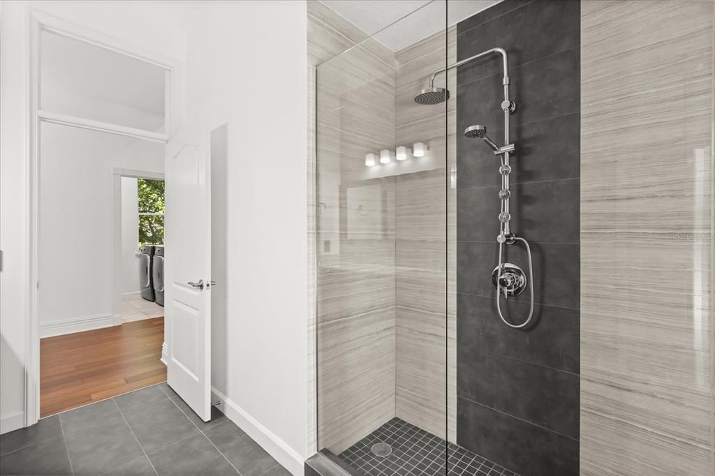 Bathroom, Glass Shower, Interior, Wood Texture Flooring