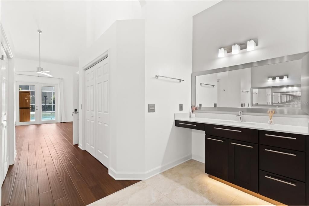 Bathroom, Dual Sink Vanities, Interior, Pendant Lights, Wood Texture Flooring
