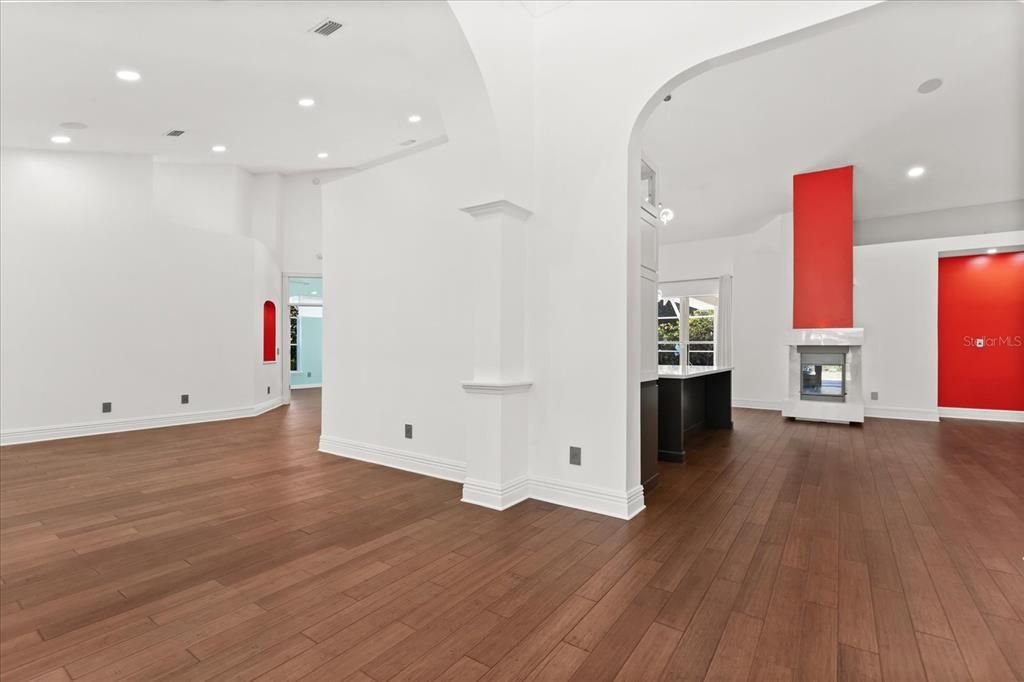 Fireplace, Interior, Recessed Lighting, Wood Texture Flooring