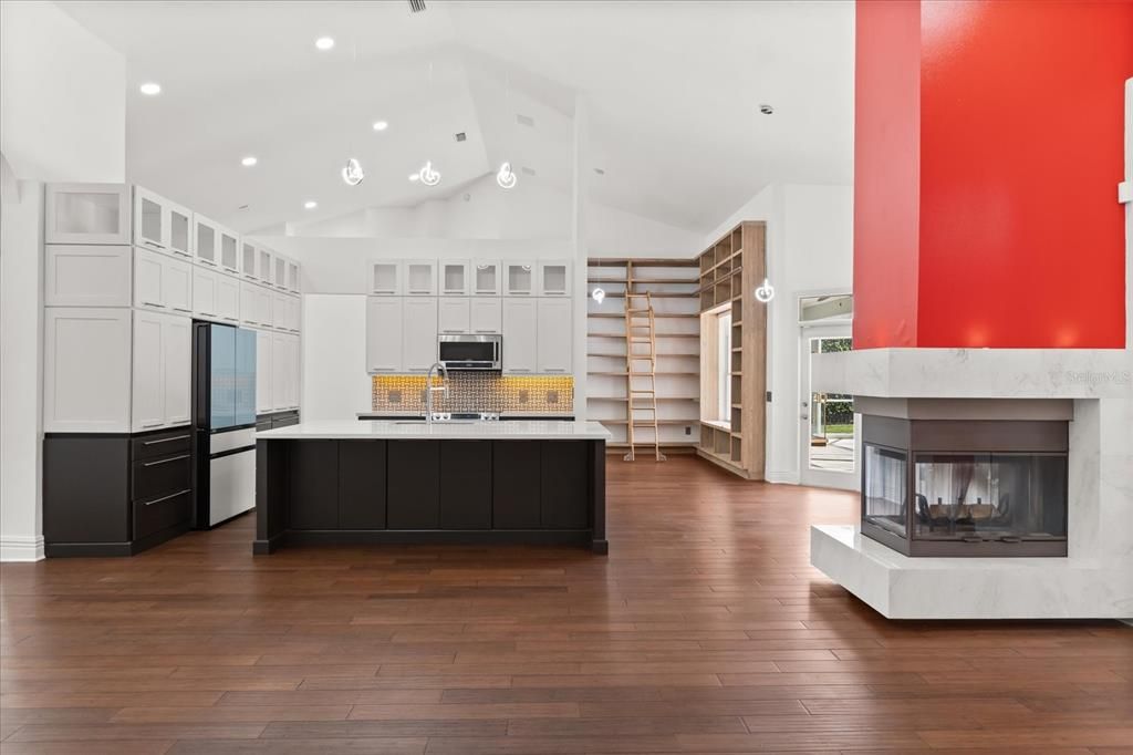 Fireplace, Interior, Kitchen, Recessed Lighting, Wood Texture Flooring