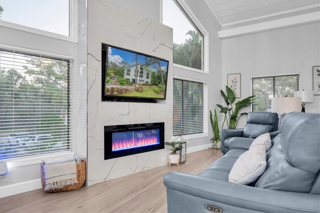 Fireplace, Interior, Living room, Marble Walls, Wood Texture Flooring