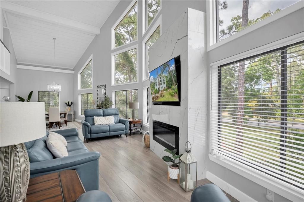 Dining room, Fireplace, Interior, Living room, Pendant Lights, Wood Texture Flooring