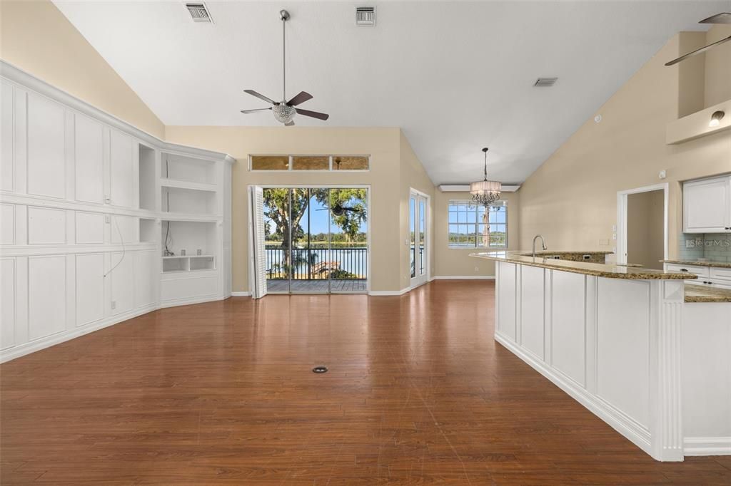 Chandelier, Empty room, Interior, Kitchen, Wood Texture Flooring
