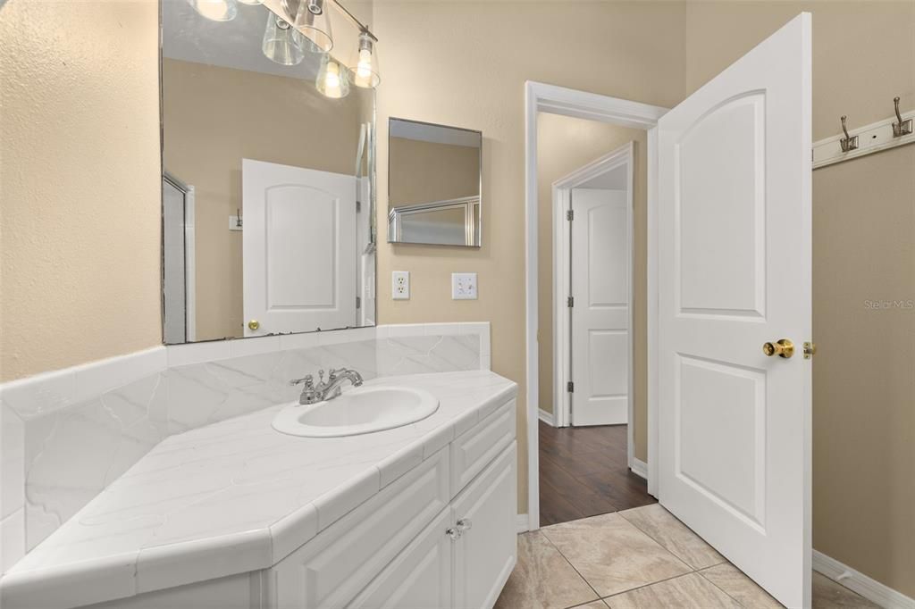 Bathroom, Interior, Tile Countertops, Wood Texture Flooring