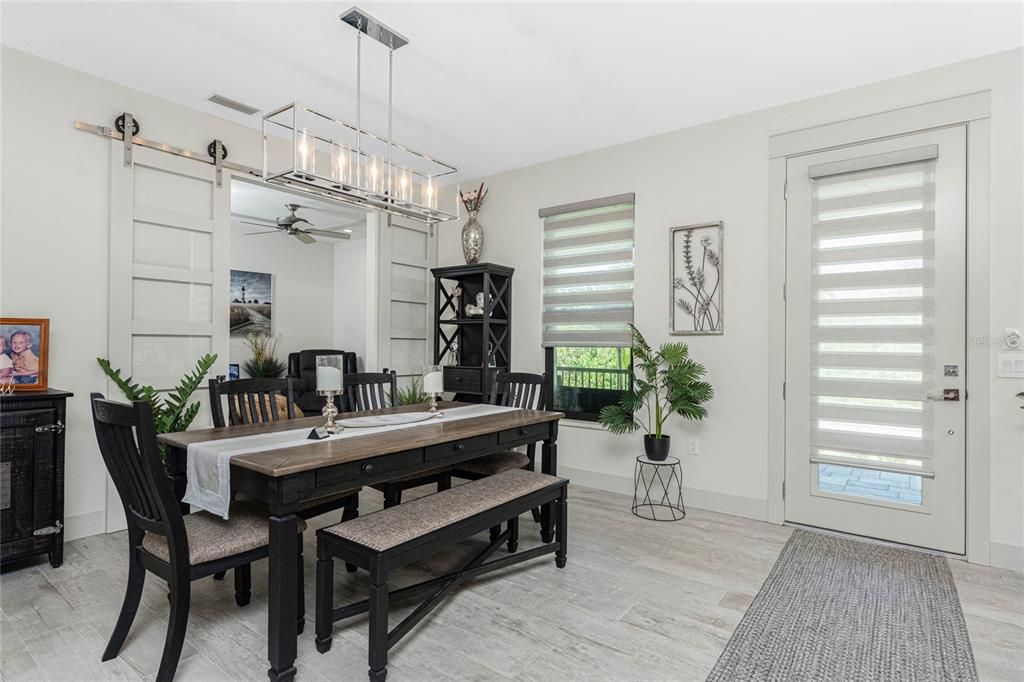 Dining room, Interior, Pendant Lights, Wood Texture Flooring