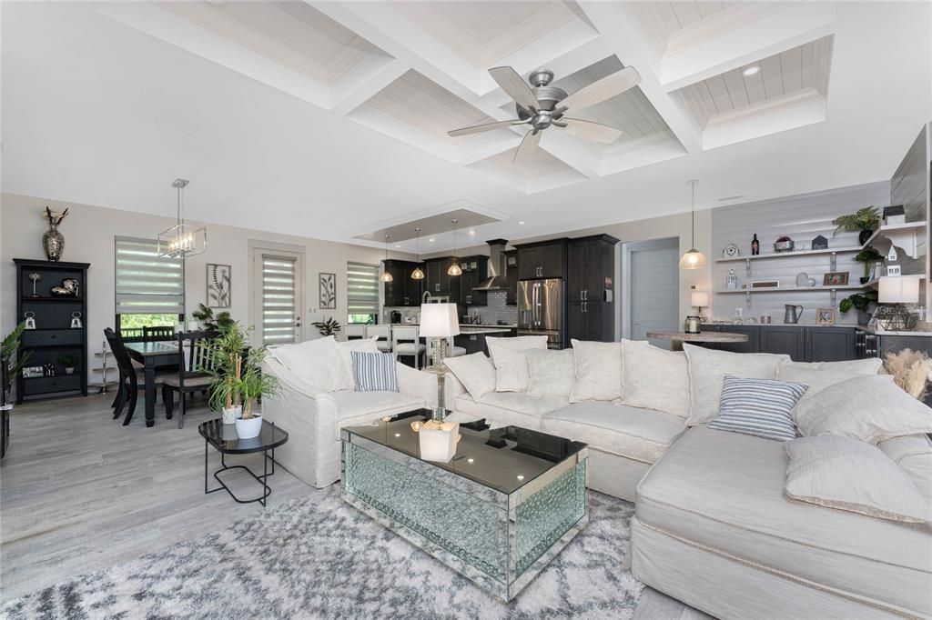 Dining room, Interior, Kitchen, Living room, Pendant Lights, Recessed Lighting, Stainless Steel Appliances, Wood Texture Flooring