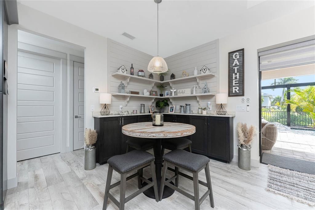 Dining room, Interior, Pendant Lights, Wood Texture Flooring