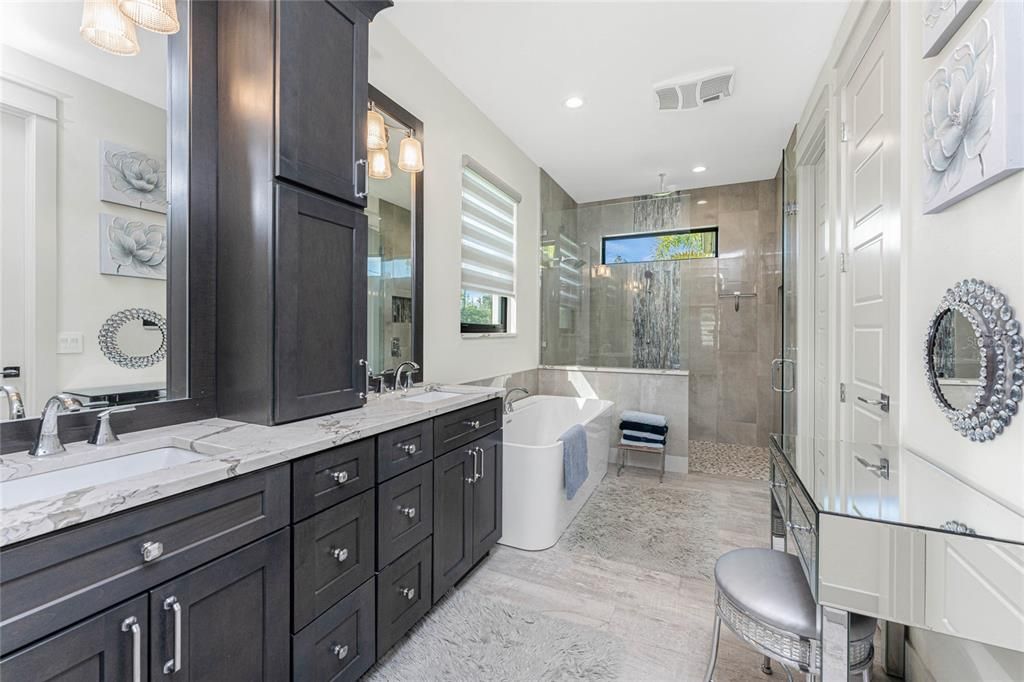 Bathroom, Dual Sink Vanities, Free Standing Baths, Glass Shower, Interior, Recessed Lighting, Wood Texture Flooring