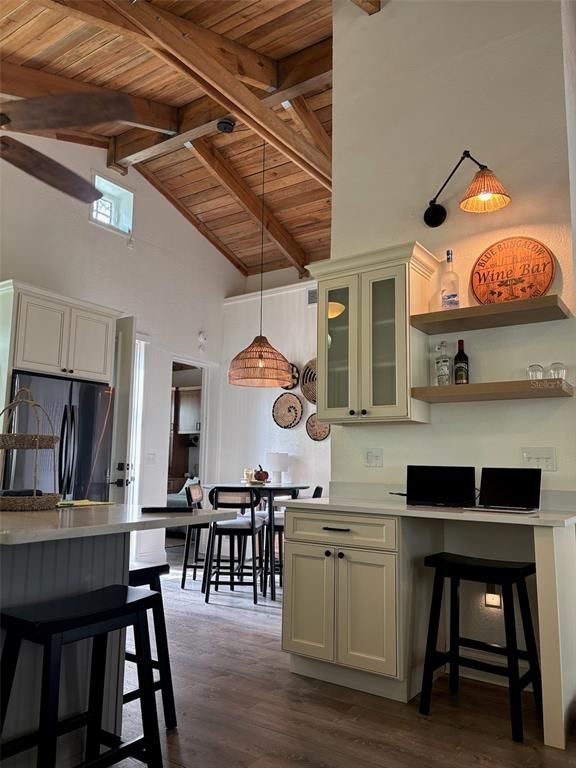 Dining room, Interior, Kitchen, Pendant Lights, Wooden Beams, Wooden Ceilings, Wood Texture Flooring