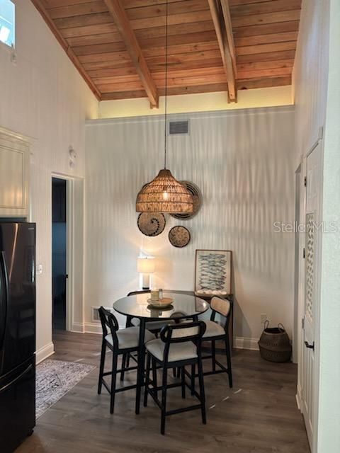 Dining room, Interior, Pendant Lights, Wooden Beams, Wooden Ceilings, Wood Texture Flooring