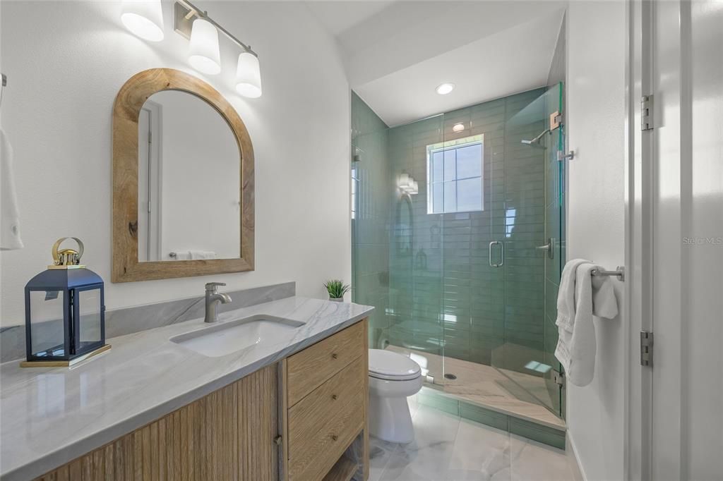 Bathroom, Glass Shower, Interior, Marble, Recessed Lighting