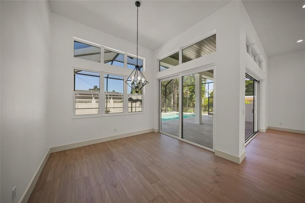 Empty room, Interior, Pendant Lights, Recessed Lighting, Wood Texture Flooring