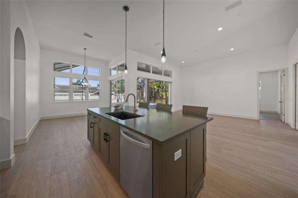 Interior, Kitchen, Pendant Lights, Recessed Lighting, Wood Texture Flooring