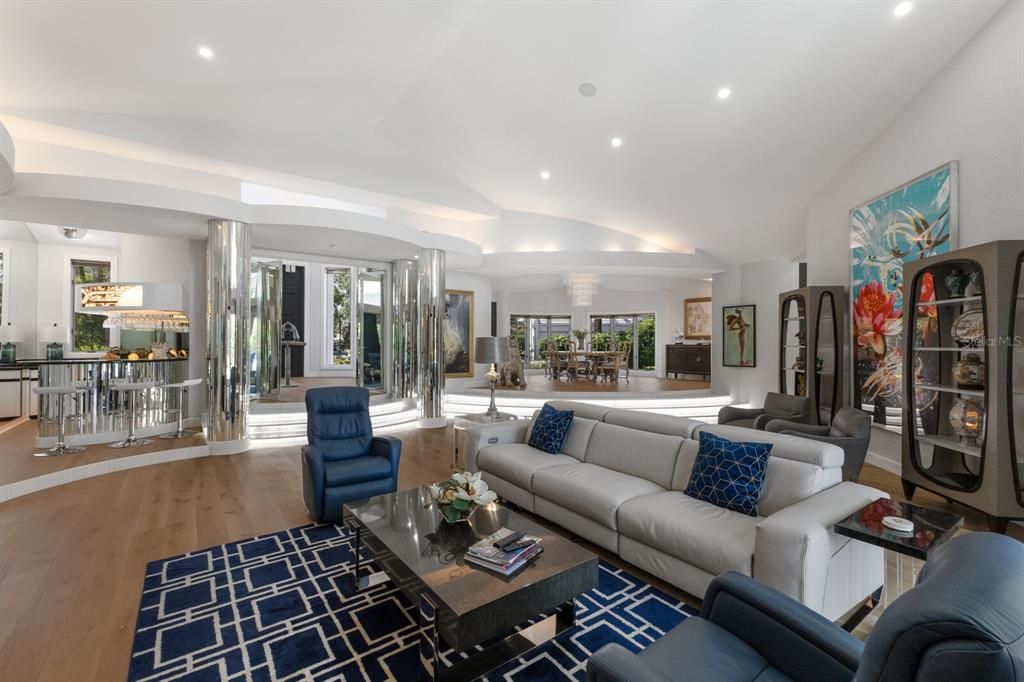 Dining room, Interior, Living room, Recessed Lighting, Wood Texture Flooring