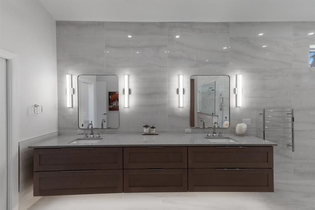 Bathroom, Dual Sink Vanities, Interior, Marble Walls, Recessed Lighting