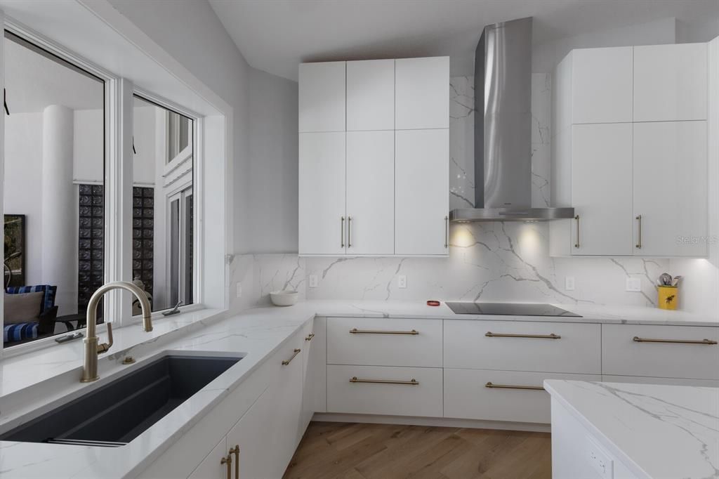 Interior, Kitchen, Marble Walls, Wood Texture Flooring