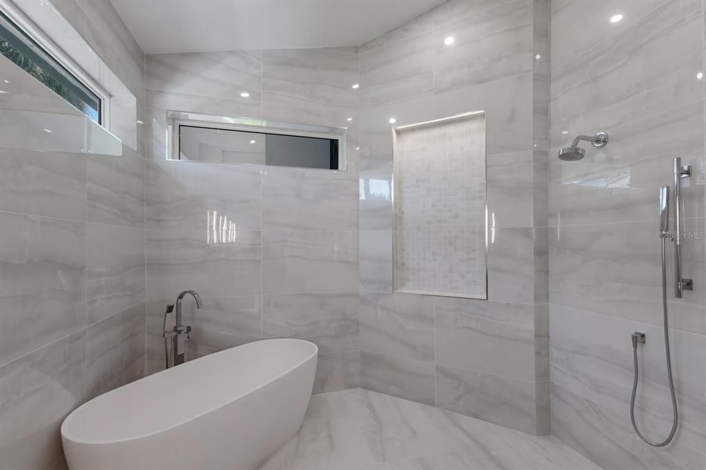 Bathroom, Free Standing Baths, Interior, Marble, Marble Walls, Recessed Lighting