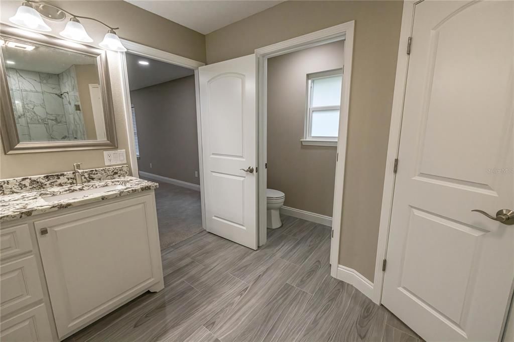 Bathroom, Interior, Recessed Lighting, Wood Texture Flooring