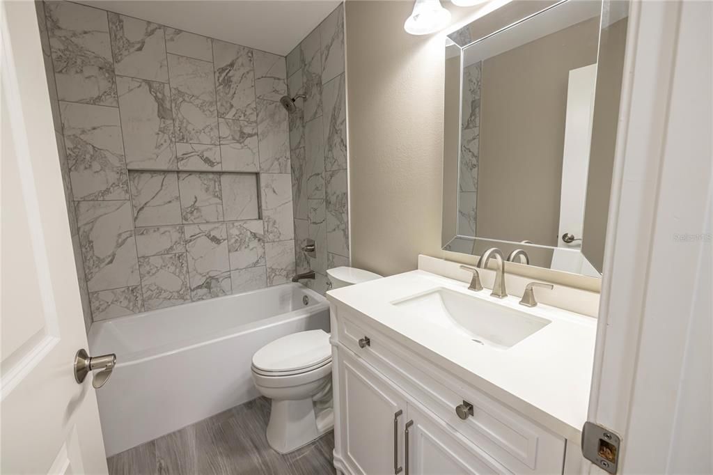 Bathroom, Interior, Marble Walls, Wood Texture Flooring