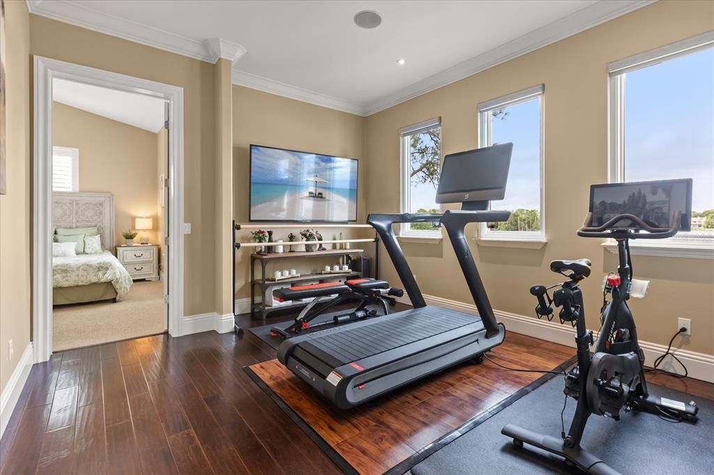 Bedroom, Fitness Equipment, Interior, Recessed Lighting, Wood Texture Flooring