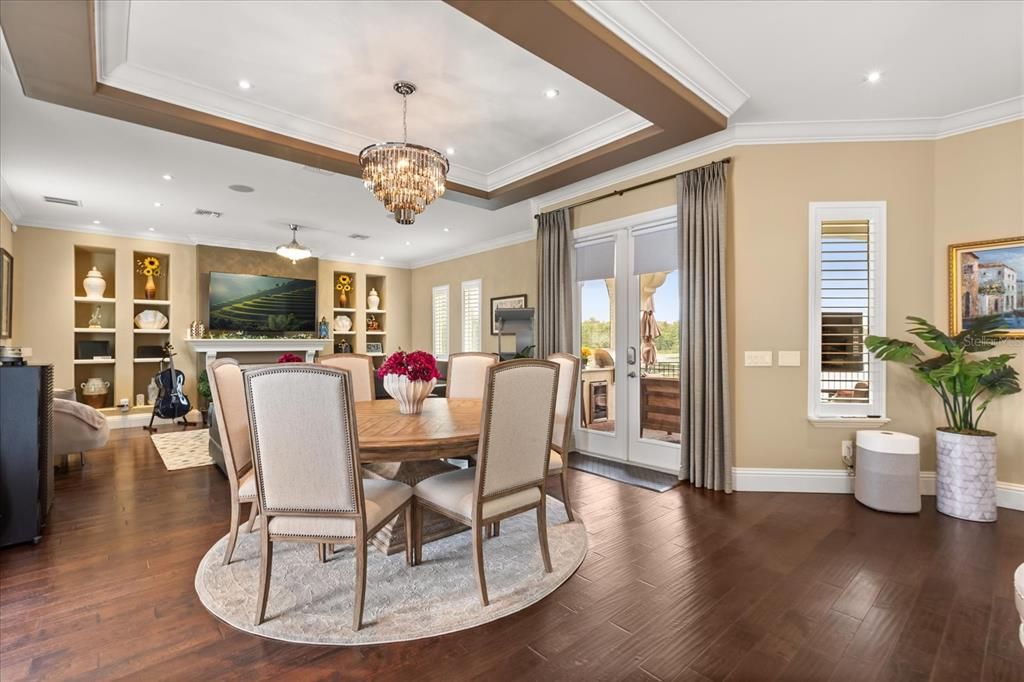 Chandelier, Dining room, Fireplace, Interior, Recessed Lighting, Wood Texture Flooring