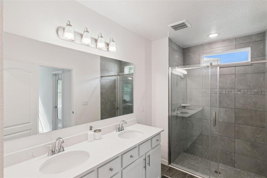 Bathroom, Dual Sink Vanities, Glass Shower, Interior, Recessed Lighting