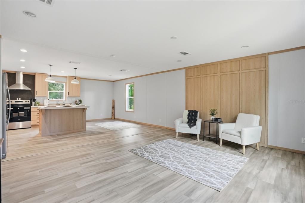 Interior, Kitchen, Pendant Lights, Recessed Lighting, Wood Texture Flooring