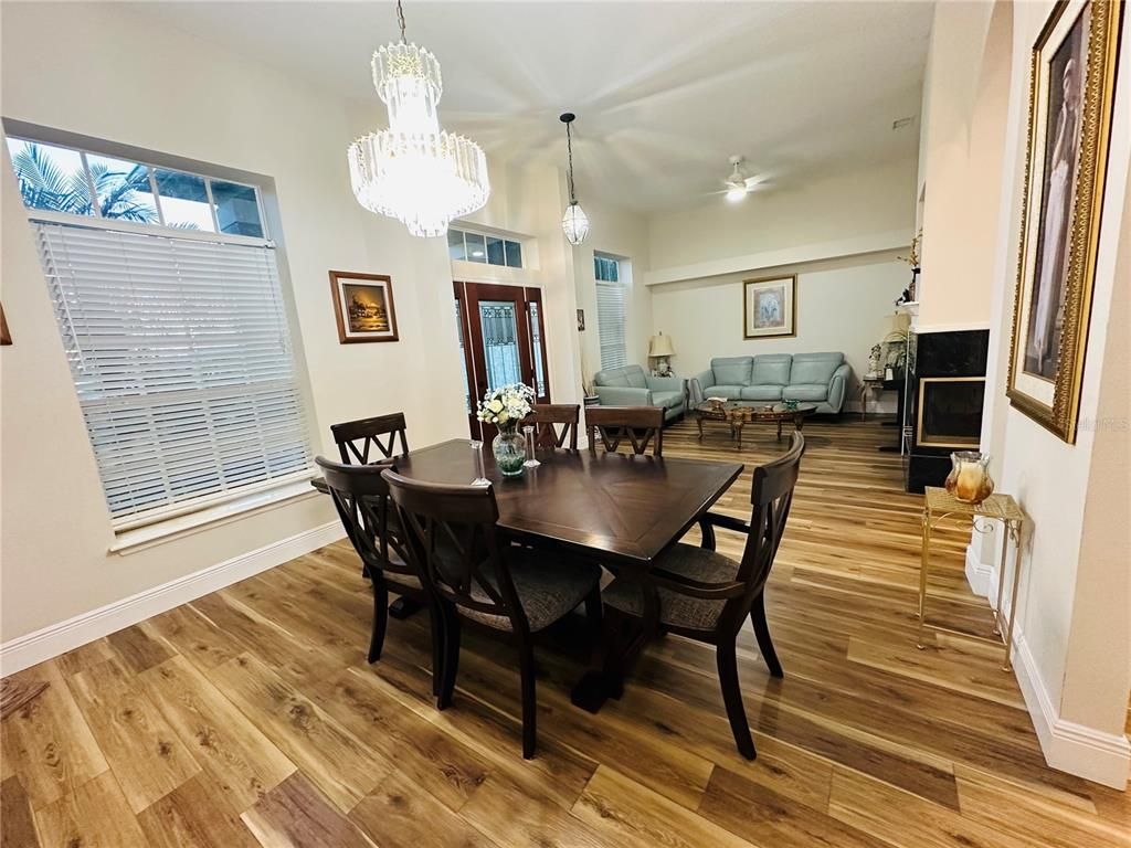 Chandelier, Dining room, Interior, Pendant Lights, Wood Texture Flooring