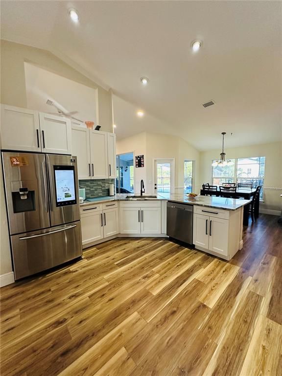 Interior, Kitchen, Pendant Lights, Recessed Lighting, Stainless Steel Appliances, Wood Texture Flooring